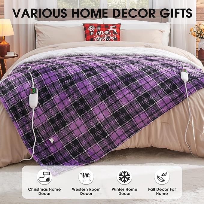 Heated Electric Blanket Queen Size, 84X90 Heating Blanket Queen with Dual Control&10 Heats Levels&Timer for Bed,Purple Plaid Sherpa Soft Blankets Warmer Gift for Grandma Women Adults, Washable