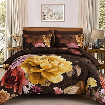 WONGS BEDDING 7 Pieces Comforter Set Queen Size, Floral Botanical Bed in a Bag Brown Flower Bedding Set, Soft Microfiber for All Season with Pillowcases & Shams,Sheets(90"×90")