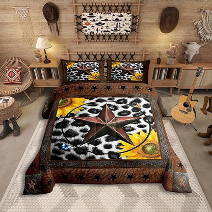 Erosebridal Western Texas Star Bedding Set Toddler, Rustic Cowhide Comforter Set for Kids Teens Adult Room Decor, Cow Print Farm Animal Duvet Insert Cowboy Vintage Sunflower Quilt, 1 Pillow Case
