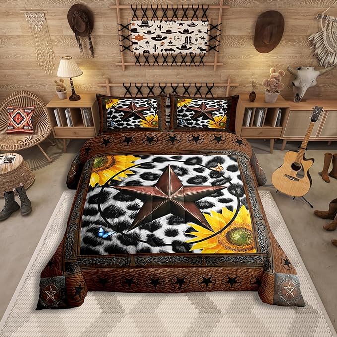 Erosebridal Western Texas Star Bedding Set Twin, Rustic Cowhide Comforter Set for Kids Teens Adult Room Decor, Cow Print Farm Animal Duvet Insert Cowboy Vintage Sunflower Quilt, 1 Pillow Case