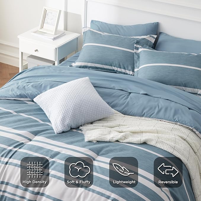 Bedsure Twin Comforter Set 5 Pieces, Grey Blue Striped Bedding Set for All Seasons, Reversible, Cationic Dyeing Bed in a Bag with Comforter, Sheets, Pillowcase & Sham