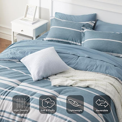 Bedsure Twin Comforter Set 5 Pieces, Grey Blue Striped Bedding Set for All Seasons, Reversible, Cationic Dyeing Bed in a Bag with Comforter, Sheets, Pillowcase & Sham
