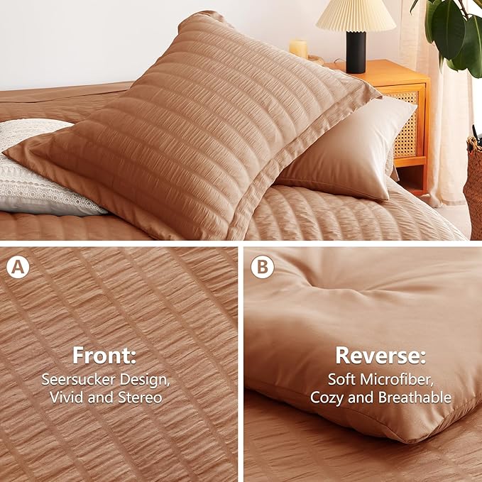 CozyLux Queen Comforter Set Pumpkin Seersucker 7 Pieces Bed in a Bag Queen Comforter Set with Sheets, Luxury Bedding Sets with Down Alternative Comforter, Sheets, Pillowcases & Shams All Seasons