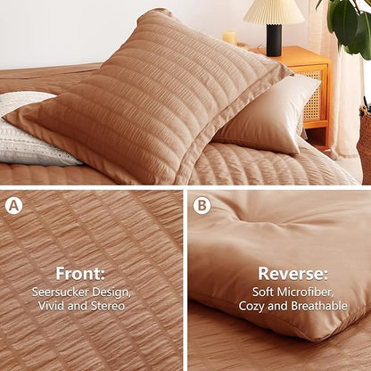CozyLux Queen Comforter Set Pumpkin Seersucker 7 Pieces Bed in a Bag Queen Comforter Set with Sheets, Luxury Bedding Sets with Down Alternative Comforter, Sheets, Pillowcases & Shams All Seasons