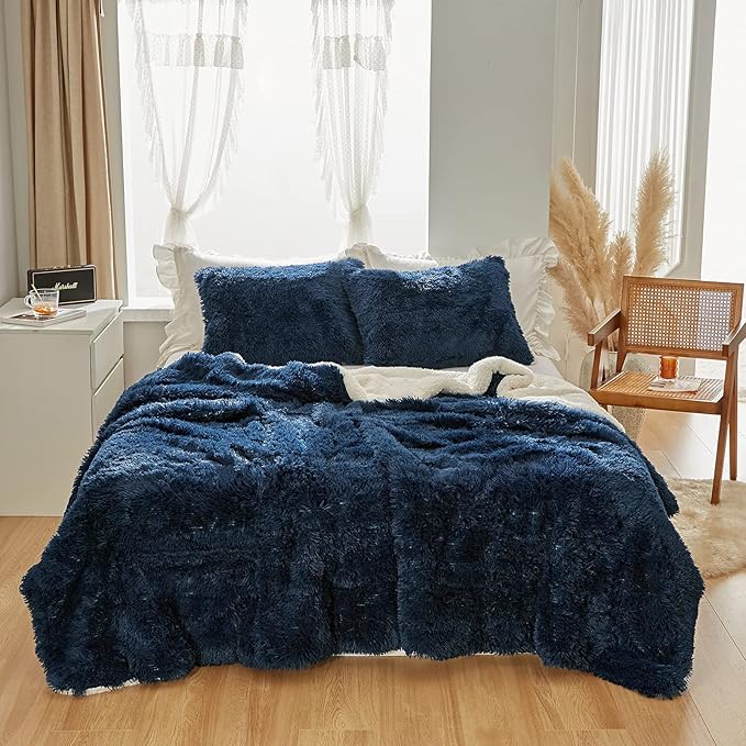 Flysheep Luxury Faux Fur Full/Queen Size Winter Comforter Set Shaggy Velvet Navy Blue Long Hair, 3 Pieces Plush Flannel Sherpa Backing Reversible Soft Microfiber Super Warm Bedding Set for Holiday