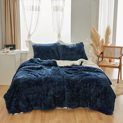 Flysheep Luxury Faux Fur King Size Winter Comforter Set Shaggy Velvet Navy Blue Long Hair, 3 Pieces Plush Flannel Sherpa Backing Reversible Soft Microfiber Super Warm Bedding Set for Holiday