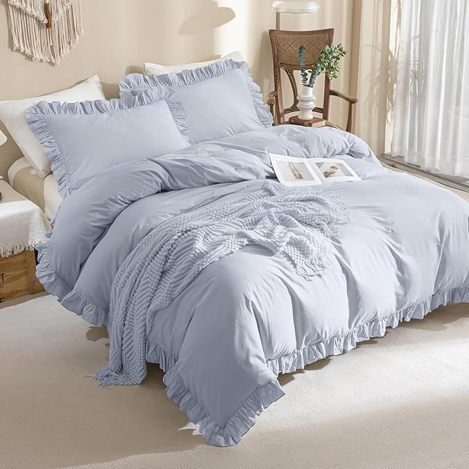Sanracie Ruffled Bedding Comforter Sets King Size, Cotton Comforters Set 3Pcs for All Season Cornflower Blue Shabby Boho Chic Bedding French Country Farmhouse Rustic Aesthetic Bedroom Sets
