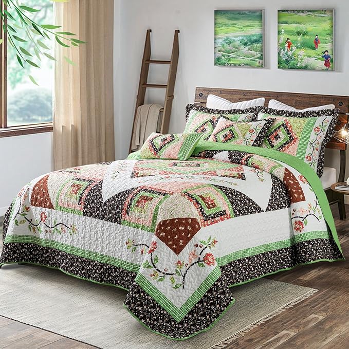 BEDIFANY Queen Size Quilt Set - Lightweight Cotton Filling Bedspread Queen Size (90 x 98 Inch) Coverlet Set - Floral Queen Quilt Bedding Sets for Bed Decorations - All Seasons, 3 Pieces - Green