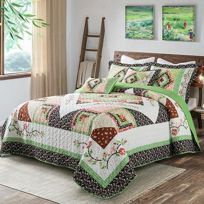 BEDIFANY Queen Size Quilt Set - Lightweight Cotton Filling Bedspread Queen Size (90 x 98 Inch) Coverlet Set - Floral Queen Quilt Bedding Sets for Bed Decorations - All Seasons, 3 Pieces - Green