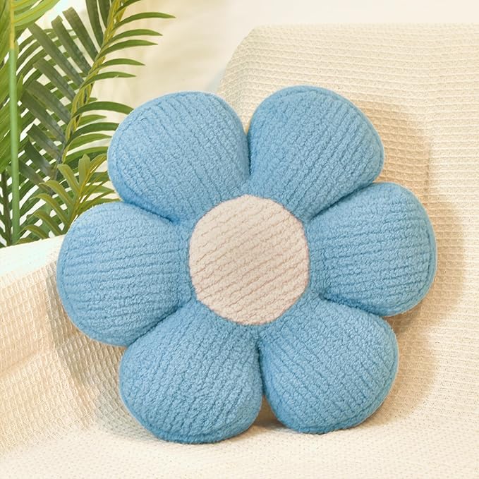 Blue Flower Pillow Decorative Throw Pillows Daisy Shaped Cute Soft Floor Cushion for Couch Bed Preppy Room Bedroom Decor Aesthetic (1, Blue, 16 Inch)
