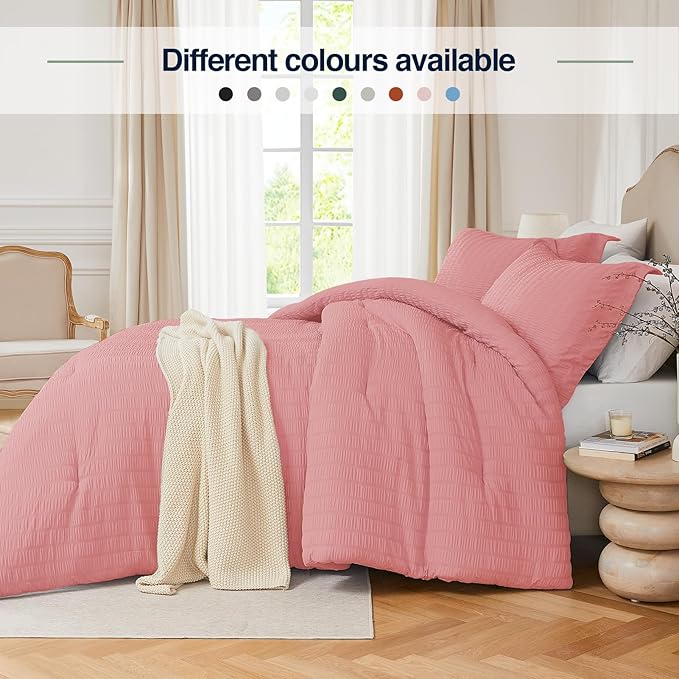 Oversized Queen Comforter Set Peach Pink,Extra Length Fit for Thick Mattresses,3PCS Seersucker Bedding Comforter for All Season, Oversized Queen Size(98''×98'' Comforter & 2 Pillowcases)