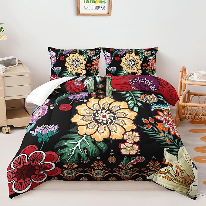 3 Pieces Colorful Floral Comforter Set,Paisley Bedding Set King Size,Bohemian Farmhouse Flower Leaves Printed on Black Design,All Season Lightweight Soft Microfiber (1 Comforter with 2 Pillowcases)