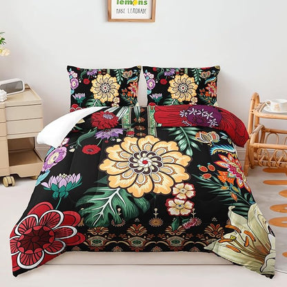 3 Pieces Colorful Floral Comforter Set,Paisley Bedding Set King Size,Bohemian Farmhouse Flower Leaves Printed on Black Design,All Season Lightweight Soft Microfiber (1 Comforter with 2 Pillowcases)