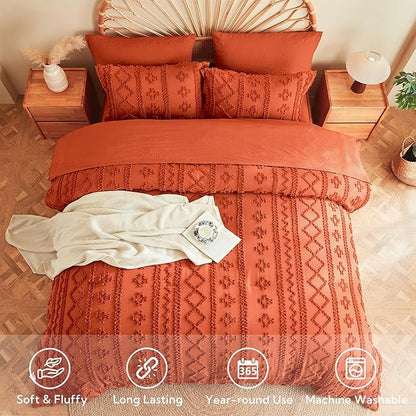 MR&HM King Size Comforter Set Terracotta, 7 Pieces Tufted Boho Beddding Sets, Farmhouse Style Bed in a Bag with 1 Comforter, 2 Pillow Shams, 2 Pillowcases, 1 Flat Sheet, 1 Fitted Sheet