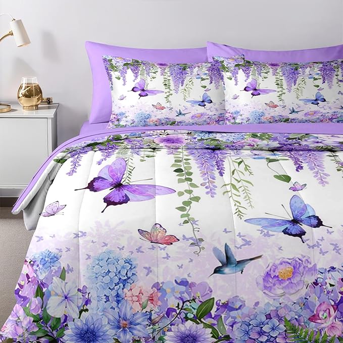 Nesker 5 Pcs Spring Comforter Set Twin Size, Purple Floral Bedding Set for Kids and Adults, Butterfly Wisteria Hydrangea Bed Sheet Sets with Fitted Sheet Pillowcase & Sham