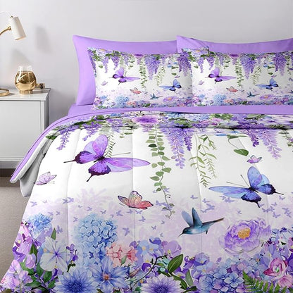 Nesker 5 Pcs Spring Comforter Set Twin Size, Purple Floral Bedding Set for Kids and Adults, Butterfly Wisteria Hydrangea Bed Sheet Sets with Fitted Sheet Pillowcase & Sham