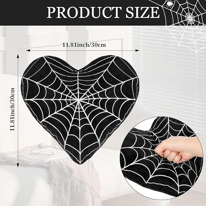 2 Pcs Valentine Gothic Heart Shaped Plush Pillows Gothic Black Spider Web Decor Soft Throw Pillows Valentines Day Pillow Room Decorative for Bedroom Living Room Couch Chair Sofa
