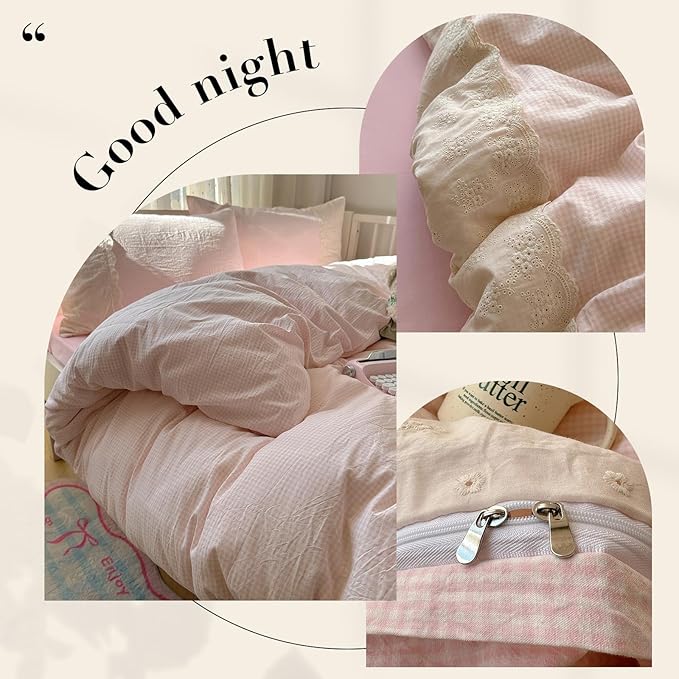 HighBuy King Comforter Set Pink Grid Gingham Comforter Set,3 Piece Modern Style Grid Plaid Comforter Set with Lace Ruffle Fluffy Soft Lightweight Plaid Gingham Bedding Set Fluffy Checkered