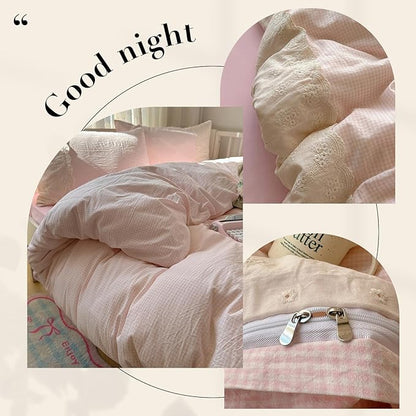 HighBuy King Comforter Set Pink Grid Gingham Comforter Set,3 Piece Modern Style Grid Plaid Comforter Set with Lace Ruffle Fluffy Soft Lightweight Plaid Gingham Bedding Set Fluffy Checkered