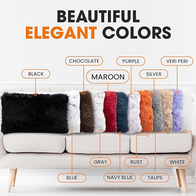 Cheer Collection Throw Pillows for Couch and Bed, Soft Shaggy Throw Pillows with Inserts Included, Cozy Long Hair Faux Fur Pillows - Set of 2-12" x 20" - Maroon