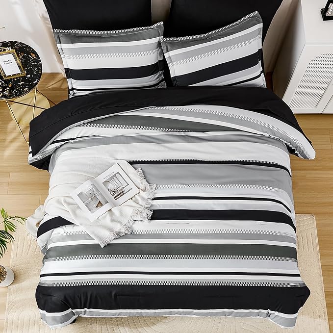 WONGS BEDDING Queen Size Comforter 7 Pieces, Black Queen Comforter Set with Sheets, Boho Striped Bed in a Bag Soft Micorfiber Bedding Set for All Seaon (90"×90")