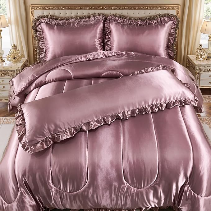 Blush Pink Queen Comforter Set Silk Like Satin Bedding Set 4 Pcs Hotel Soft Polyester Satin Bed Set Luxury Silky Body Pillow Cover Ruffle Down Comforter Home Decor