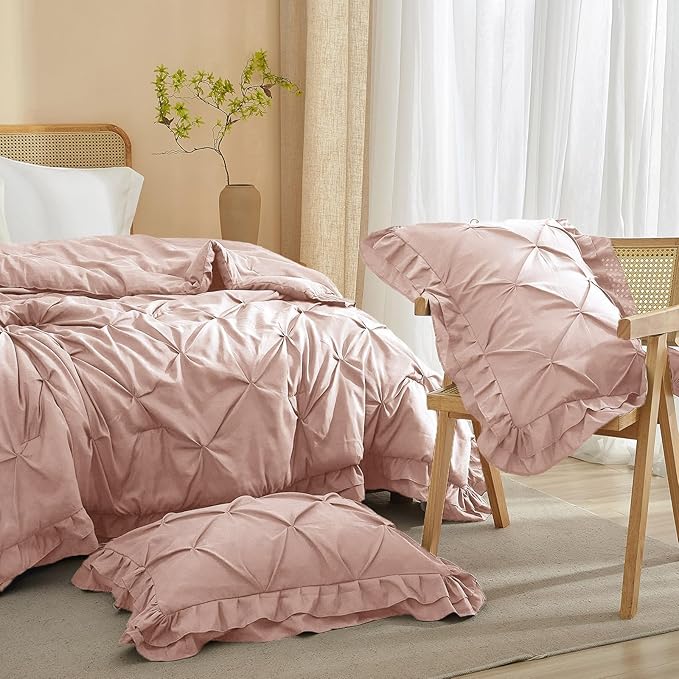 Blush Pink Comforter Set for Bedroom, Dormitory 3 PCS Warm Lightweight Quilted Comforter Set for Cold Sleeper 80x90 Ordinary Ruffled Bedding Set, Full Size