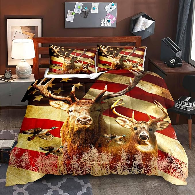 LUVIVIHOME 2PCS Deer Comforter Set Twin Size, Camo Bedding, 4th of July American Flag Mallard Duck Forest Animal Wildlife Hunting Hunter Country Rustic Farmhouse Cabin Bedroom Decor, 1 Pillow Sham