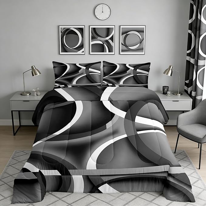 Castle Fairy Black Gray Abstract Stripes Full Size Comforter Set Geometric Circle Bedding Set for Kids Adults Teens Modern Retro Comforter Luxury Geometric Quilt Set Room Decor 3Pcs