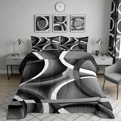 Castle Fairy Black Gray Abstract Stripes Full Size Comforter Set Geometric Circle Bedding Set for Kids Adults Teens Modern Retro Comforter Luxury Geometric Quilt Set Room Decor 3Pcs