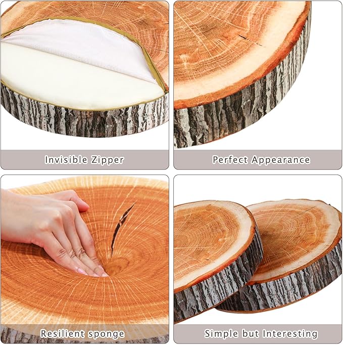 Queekay 2 Pcs Round Throw Pillow Decorative Wood Slice Floor Cushion 3D Digital Printing Forest Decor Soft Circle Pillow Cute Stump Camping Memory Foam for Home Chair Bedroom Decor(Emulation)