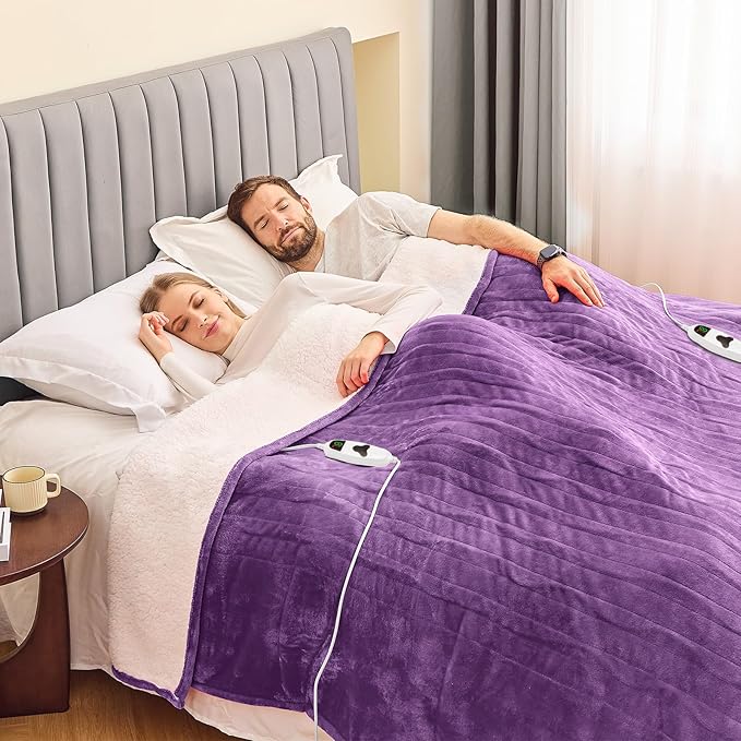 greenoak Heated Blanket Electric Queen Size 84"X90" Dual Control, Heating Blankets with 10 Levels 8 Hours Auto-Off, Soft Sherpa Fluffy House Warming Gifts for Grandma Seniors Momt,Wisteria