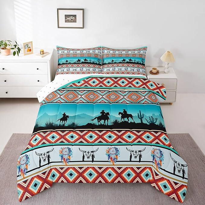 Erosebridal Horse Decor Western Comforter Set Queen,Farm Animals Quilt Indian Tribal Geometric Aztec Bedding Sets,Exotic Dream Catchers Feather Duvet Insert Farmhouse Western Home Decor,Teal