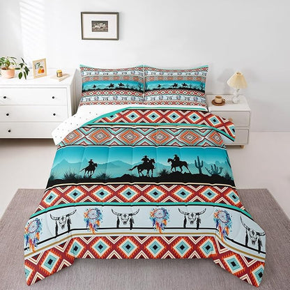 Erosebridal Horse Decor Western Comforter Set Twin,Farm Animals Quilt Indian Tribal Geometric Aztec Bedding Sets,Exotic Dream Catchers Feather Duvet Insert Farmhouse Western Home Decor,Teal