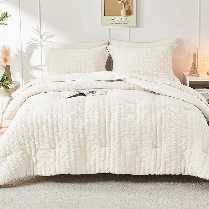 HYMOKEGE Ivory Oversized Queen Comforter Set Seersucker 7 Pieces, All Season Luxury Bed in a Bag for Bedroom, Bedding Set with Comforter, Sheets, Pillowcases & Shams