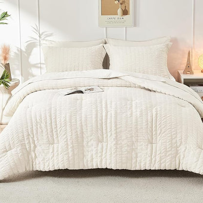 HYMOKEGE Ivory Full Size Comforter Sets Seersucker 7 Pieces, All Season Luxury Bed in a Bag for Bedroom, Bedding Set with Comforters, Sheets, Pillowcases & Shams