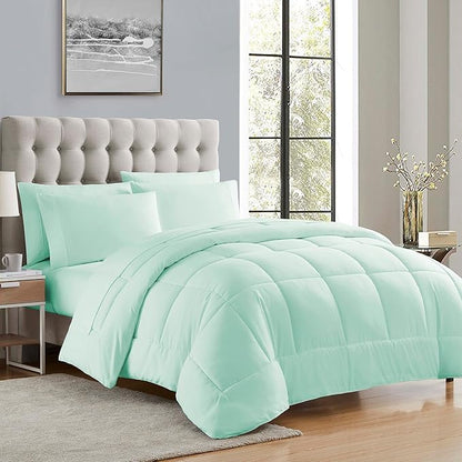 Sweet Home Collection 7 Piece Comforter Set Bag Solid Color All Season Soft Down Alternative Blanket & Luxurious Microfiber Bed Sheets, Mint, Twin