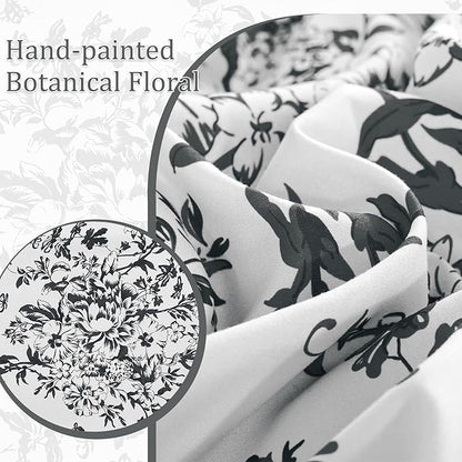 WONGS BEDDING Comforter Set Queen, 8 Pieces Black Gray Floral Botanical Plants Print Comforter, Soft Fluffy Microfiber Complete Bed in a Bag Bedding Sets for All Season (90"x90")