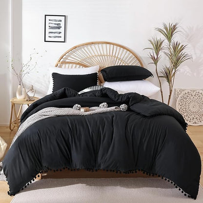 YIRDDEO Twin Comforter Set - Comforter Twin Size Bed with Ball Pom Fringe, Soft Bedding Set for All Seasons - 2 Pieces, 1 Comforter (66"x90") & 1 Pillow Sham(20"x26"), Black