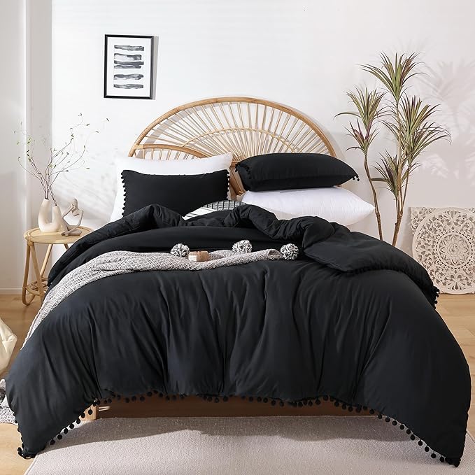 YIRDDEO Full Size Comforter Sets - Full Size Comforter with Ball Pom Fringe, Soft Bedding Set for All Seasons - 3 Pieces, 1 Comforter (79"x90") & 2 Pillow Shams(20"x26"), Black