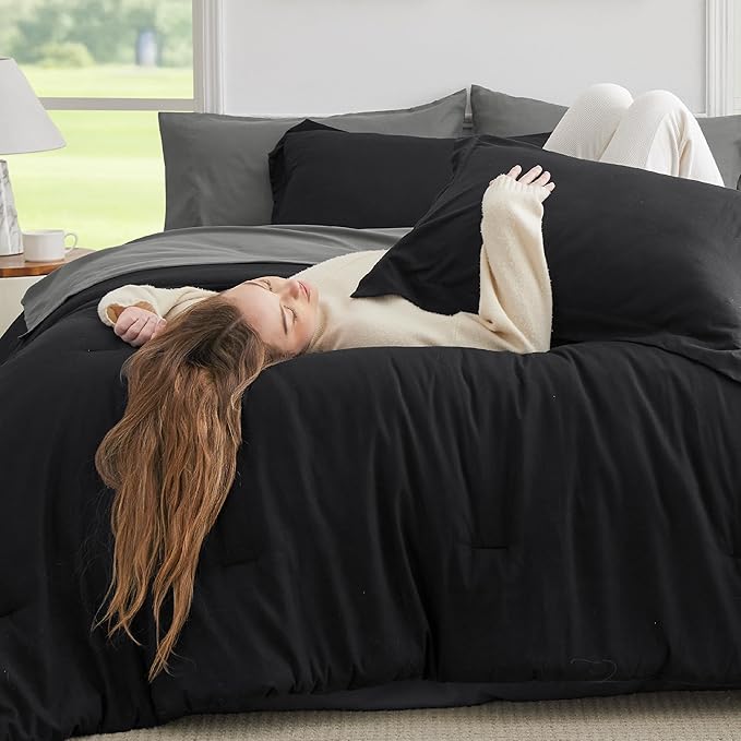 Bedsure Queen Comforter Set - 7 Pieces Black Queen Bedding Set for All Seasons, Boho Contrasting Design Bed in a Bag with Comforter, Sheets, Pillowcases & Shams