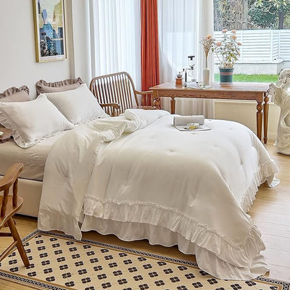 AIKASY White Comforters King Size Set, Vintage Boho Chic Farmhouse Bedding Sets Shabby Ruffle Queen Bed Comforter Bedding 3PCS（1 Comforter and 2 Pillowcases）