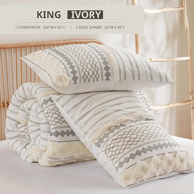 INK+IVY Comforter for King Size Bed, Chenille Tufted, Breathable Cotton Comforter Set King, All Season Modern Boho Comforter with Farmhouse Bedding Flare, 2 Matching Shams, King Ivory 3 Piece