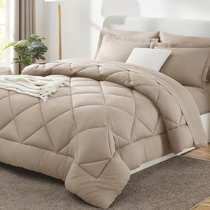 CozyLux Full Size Comforter Sets Wheat - 7 Pieces Bed in a Bag Full, Luxury Soft Bed Set for All Seasons, Bedding Set with Down Alternative Comforter, Sheets, Pillowcases & Shams