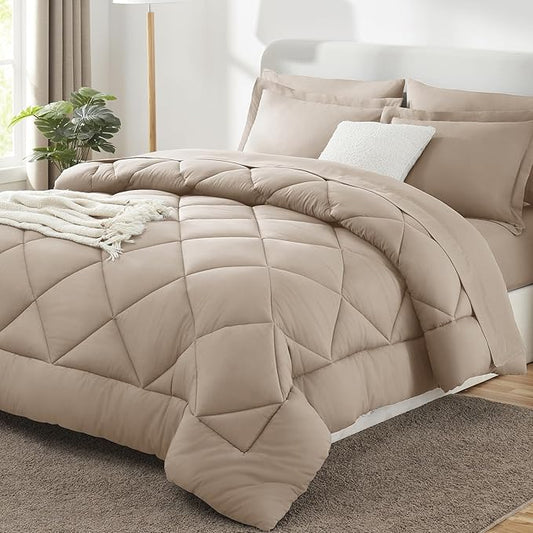 CozyLux Queen Comforter Set Wheat - Bed in a Bag Queen Size 7 Pieces, Luxury Soft Bed Set for All Seasons, Bedding Set with Down Alternative Comforter, Sheets, Pillowcases & Shams