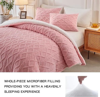 Joyreap 3-Piece Fluffy Faux Fur Sherpa Comforter Set Pink, King Size Luxury Tufted Bedding Comforter Set, All Season Soft n Cozy Plush Comforter Bed Set- 100x88 inches