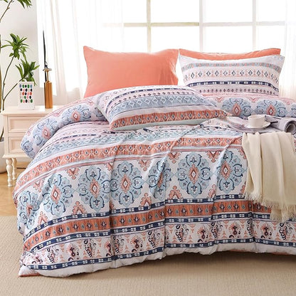MUXHOMO Boho Pink Full Comforter Set, Elegant Floral Print Bed in a Bag 7 Pieces, Ultra Soft & Breathable Reversible Botanical Pattern Bedding Set with Comforter, Sheets, Pillowcases, and Shams