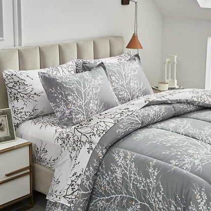 UOZZI BEDDING Bed in a Bag 7 Pieces Queen Size Gray Branches with Yellow Dots - Soft Microfiber Reversible Bed Comforter Set (1 Comforter 2 Pillow Shams 1 Flat Sheet 1 Fitted Sheet 2 Pillowcases)
