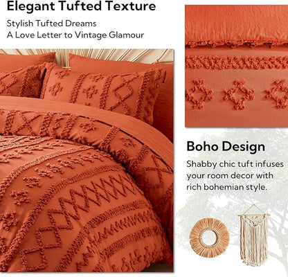 MR&HM King Size Comforter Set Terracotta, 7 Pieces Tufted Boho Beddding Sets, Farmhouse Style Bed in a Bag with 1 Comforter, 2 Pillow Shams, 2 Pillowcases, 1 Flat Sheet, 1 Fitted Sheet