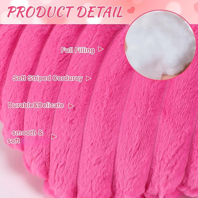 4 Pcs Heart Shaped Throw Pillows Set, 17/15/13 Inch Large Faux Fur Striped Cushions Pink Red White Heart Pillows for Couch, Bedroom, Living Room Wedding Decor